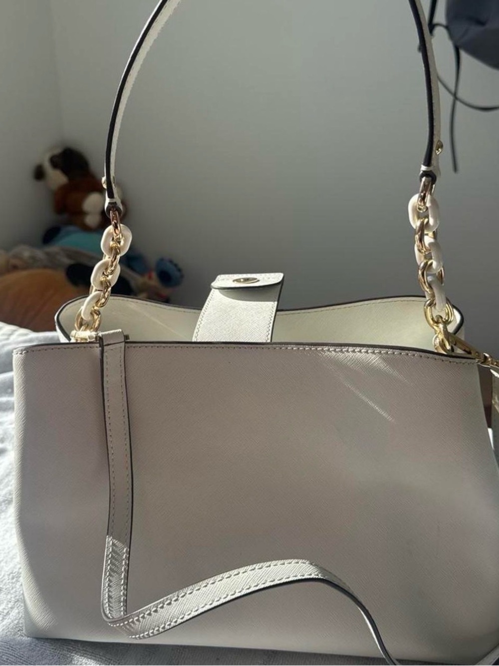 Michael Kors Cream Saffiano Tote with Gold Chain Details
